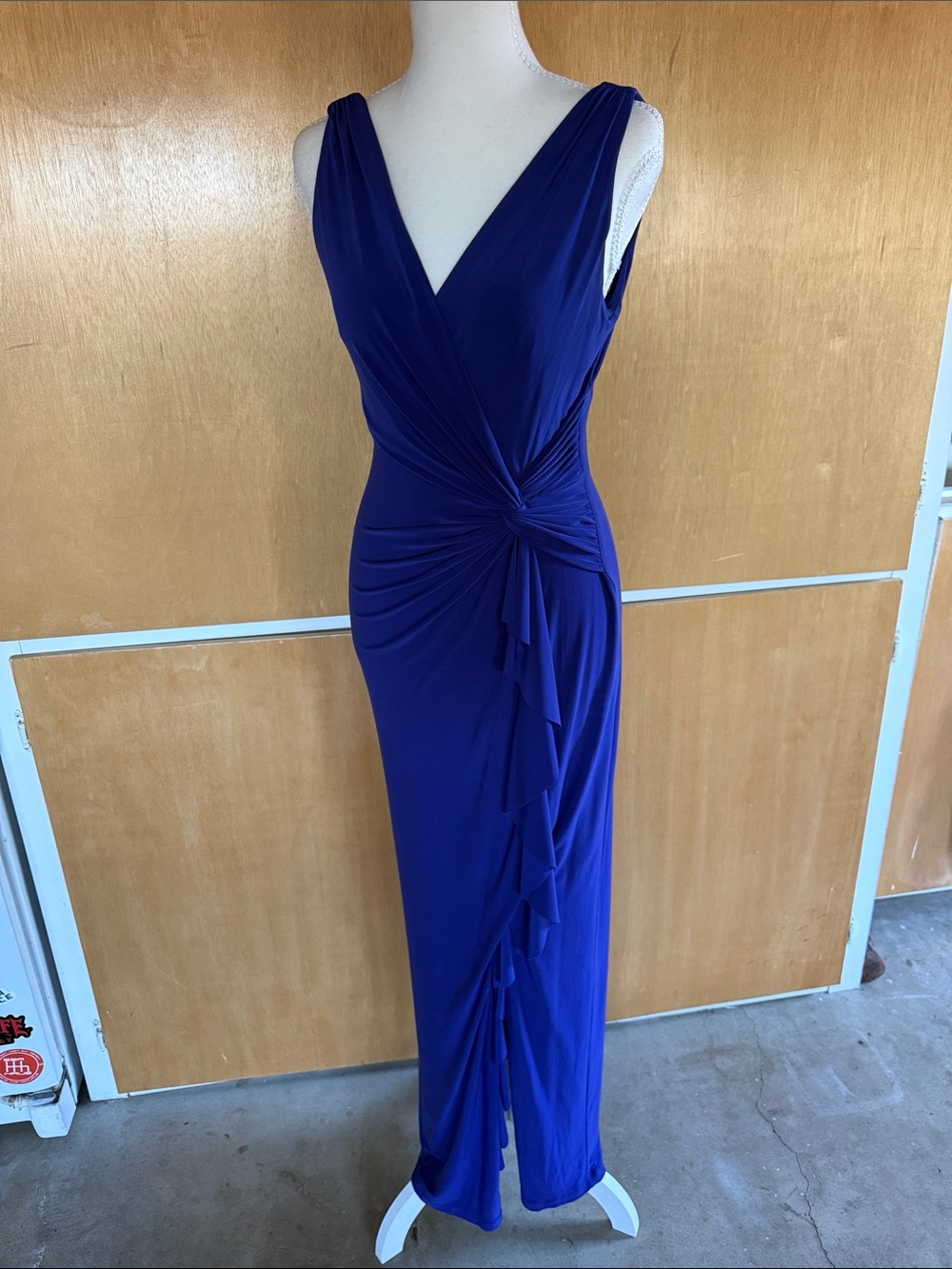 Ralph Lauren Cobalt Blue V-Neck Ruched Knot Maxi Dress